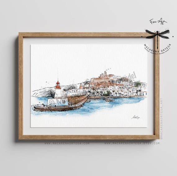 Ibiza Watercolor Art Print | Coastal Decor Baleares Fine Art Print, Island Sketching, Eivissa Spain Summer Art | Macarena Ortega | N21
