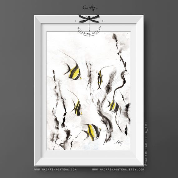 Moorish Idol Fish Watercolor Art Print, Yellow and Black Tropical Fish Wall Art, Japanese Inspired Ocean Decor, Minimalist Marine Art | N208