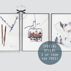 SKI ART SET de 3 tirages, dont 1 gratuit ! Offre spéciale Impressions d'art hivernales de décoration de montagne, cadeau d'art mural de ski Oeuvre d'art par Macarena Ortega