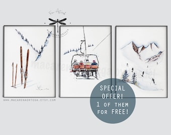 SKI ART SET de 3 tirages, dont 1 gratuit ! Offre spéciale Impressions d'art hivernales de décoration de montagne, cadeau d'art mural de ski Oeuvre d'art par Macarena Ortega