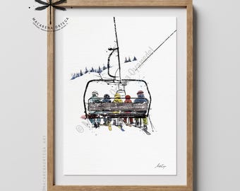Family of 5 in chairlift art print watercolor Skier skiers artwork Ski lift art skis print snowboarder Sport skiing ski resort artwork