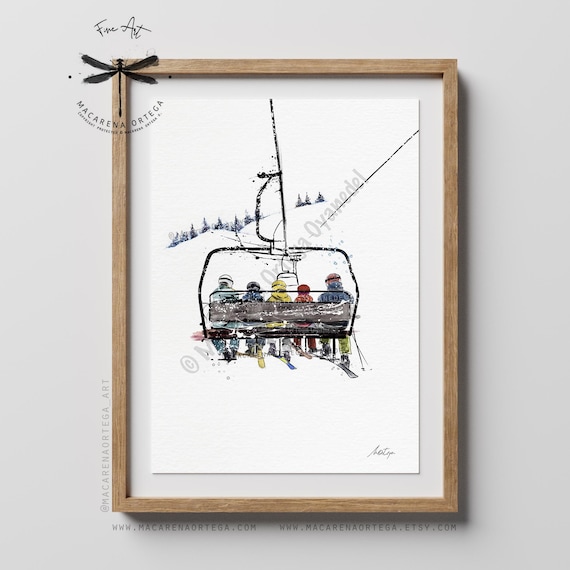 Family of 5 in chairlift art print watercolor Skier skiers artwork Ski lift art skis print snowboarder Sport skiing ski resort artwork
