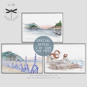 May include: Three framed watercolor prints featuring coastal scenes. One print depicts a seaside town, another shows striped beach umbrellas, and the third showcases a sculpture by the sea. The prints are labeled "Fine Art" and offer a special deal.