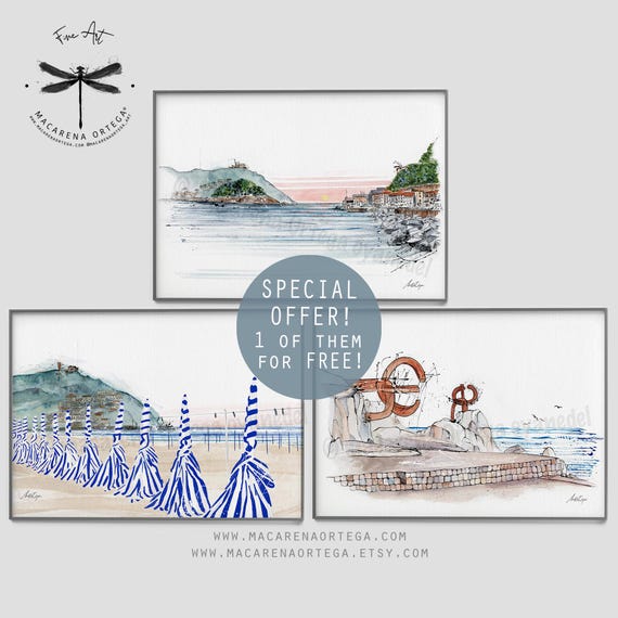 San Sebastian Watercolor Artwork SET of 3 prints 1 of them for FREE!! Special Offer, Ondarreta, Cocha Bay, The Comb of the Wind prints