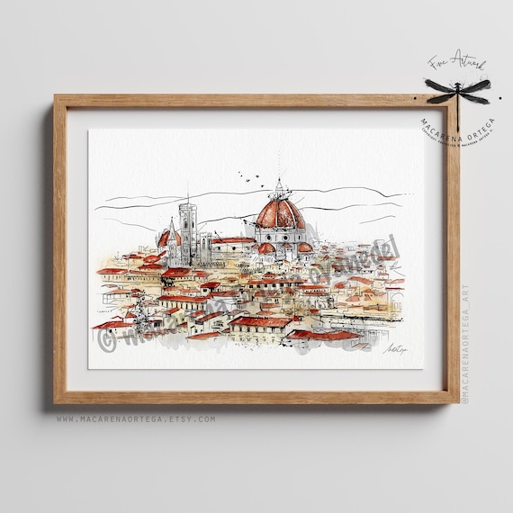 Florence Duomo, Italy Watercolor Art Print | Firenze Skyline Illustration, European Travel Poster, Cathedral Art | Macarena Ortega Art | N2