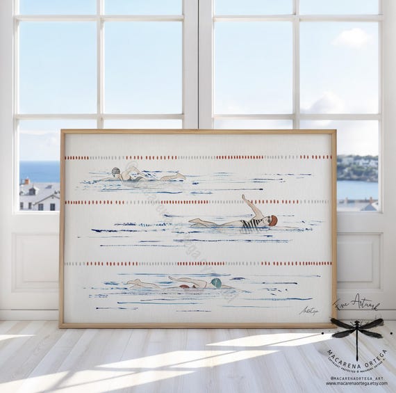 Woman Swimming Pool Watercolor Art | Tiny Swimmers Summer Wall Poster | Beach House Decor | Sea Coastal Wall Art | Nautical Art | N132
