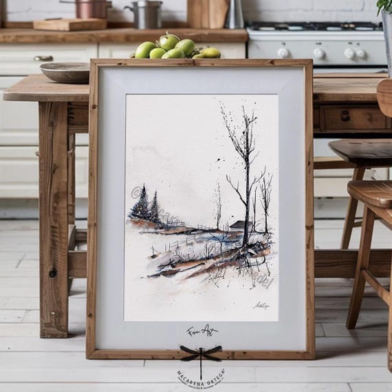 Farmhouse Watercolor Art Print | Snowy Mountain Forest Landscape | Winter Nature Artwork | Snowy Landscape Decor | Vintage Winter Art | N41