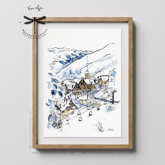 Baqueira Beret Watercolor Art Print | Tanau Ski Center Resort | Val d'Aran Mountain Snowy Town | Pirineos Winter Decor | Ski Artwork | N3