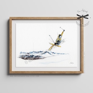 Aquarelprint skiër springen | Skiën en snowboarden bergprint | Skiliefhebbers Snowy Sport Decor | Winterskikunstwerk | Handgemaakt | N95