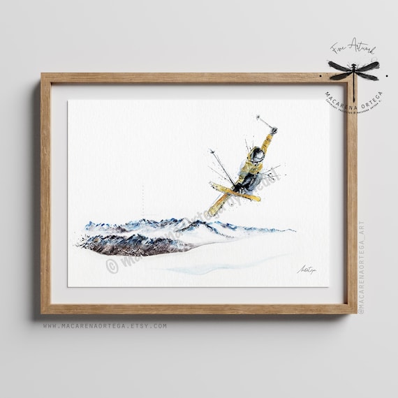 Skier Jumping Watercolor Print | Skiing & Snowboard Mountain Print | Ski Lovers Snowy Sport Decor | Winter Skiing Artwork | Handmade |N95