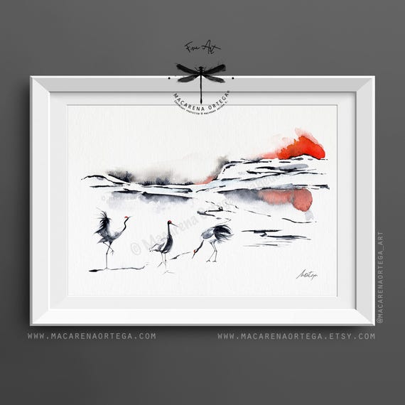 Cranes and Sunset Watercolor, Art Print, Bird Painting, Minimalist Nature Wall Decor, Red Sun Landscape Artwork, Elegant Wildlife | N212