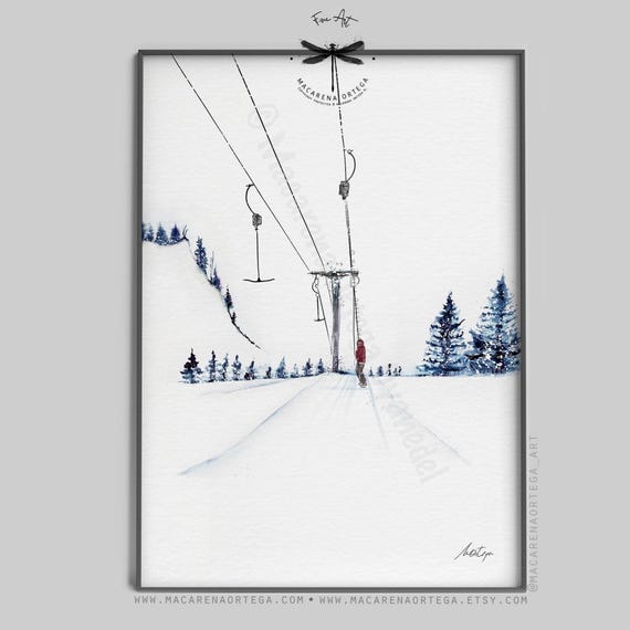 Snowboarder in Ski Lift Watercolor Art Print | Minimalist Skiing Wall Decor | Chairlift and Skis Painting | Alpine Winter Cabin Art | N36