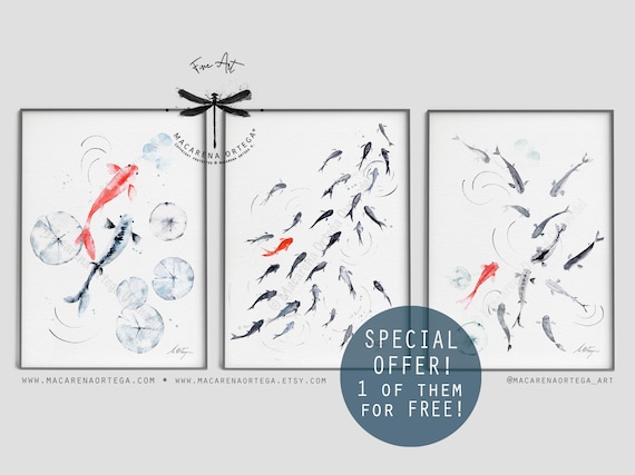 School of Koi Fish Collection, Set of 3 Art Prints, 1 Print FREE, School of Koi, Carpa Art Print, Minimalist Artwork