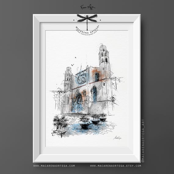 Santa Maria del Mar Watercolor Art Print | Barcelona Church Artwork, Painting, Saint Mary of the Sea Painting | by Macarena Ortega Art | N20