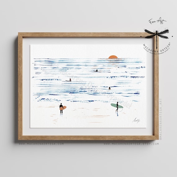 Surfers on the Beach Watercolor Art Print | Tiny People on Beach, Summer Vibes | Beach Painting | Water Sports | by Macarena Ortega | N122