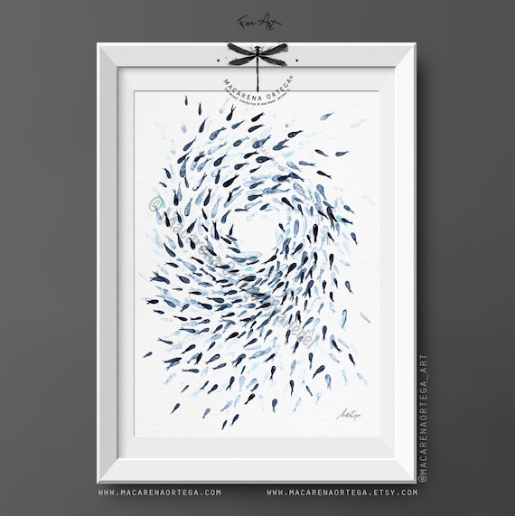 school of fish in a circle, Watercolor Art Print, School of Sardines, Coastal Wall Art, Nautical Decor, by Macarena Ortega | N118