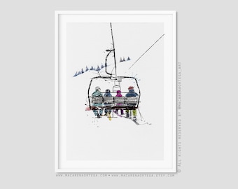 Family 2 kids in Chairlift art print skilift watercolor Skier (N72/78/101/28) Ski lift art skis print snowboarder Sport skiing ski resort