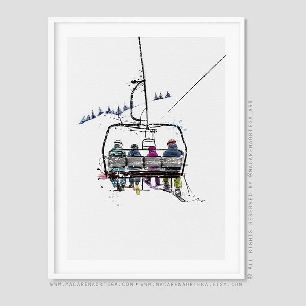 Family 2 kids in Chairlift art print skilift watercolor Skier (N72/78/101/28) Ski lift art skis print snowboarder Sport skiing ski resort