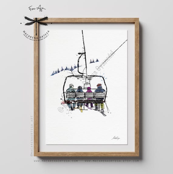 Family 2 kids in Chairlift art print skilift watercolor Skier Ski lift skis print snowboarder Sport skiing ski resort painting ski resort
