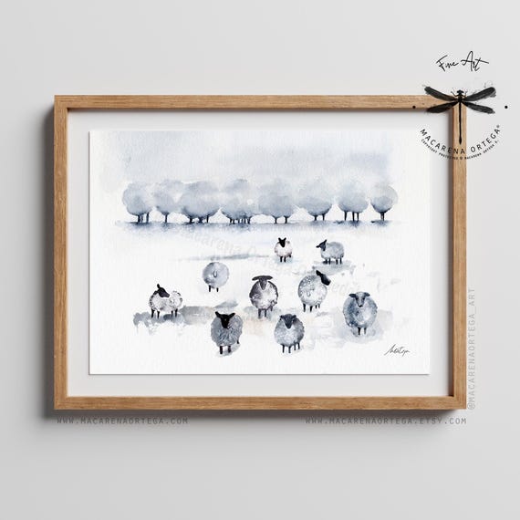 Sheep Watercolor Landscape Art Print | Minimalist Farm Animal Nordic Country Decor, Rustic Alpine Home Style | Nursery Art, xmas gift | N159