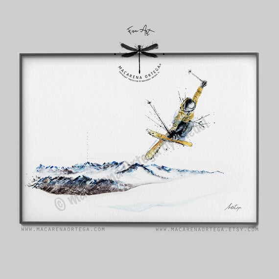 Skier Jumping Watercolor Print | Skiing & Snowboard Mountain Print | Ski Lovers Snowy Sport Decor | Winter Skiing Artwork | Handmade |N95