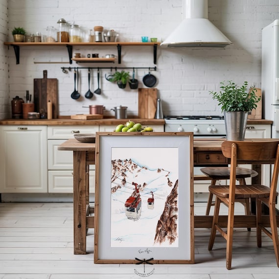 Old Cable Car Chamonix Print, Aiguille du Midi Mont Blanc France Alps, Vintage Cabin Watercolor Art | Nostalgic Retro Ski Alps | N150