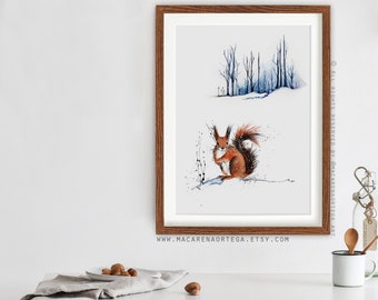 Squirrel watercolor print deer modern art squirrel print Winter woodland art squirrel animal forest print wild animals forest nature (32)