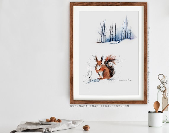 Squirrel Watercolor Art Print | Modern Woodland Animal Painting Winter Forest Nature Scene, Wild Squirrel Forest Art | Macarena Ortega | N32