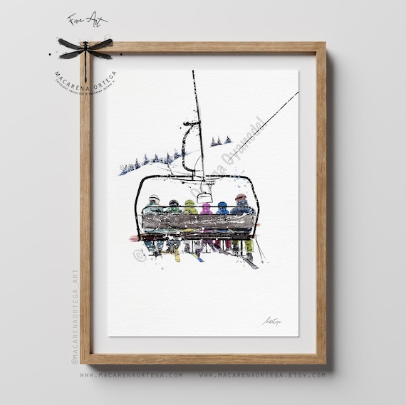Family of 6 in chairlift art print watercolor Skier artwork Ski lift art skis print snowboarder Sport skiing ski resort ski center painting