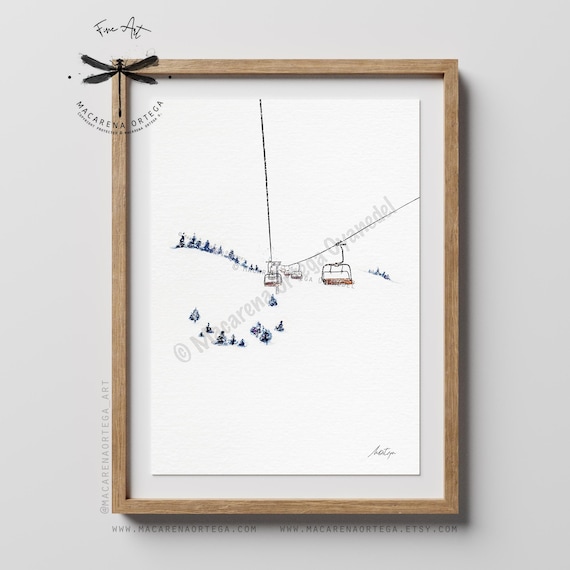 Ski Lift Watercolor Art Print | Ski Art | Skier Chairlift Illustration | Winter Sport Wall Decor | Après-Ski Skiing | Mountain Decor | N16
