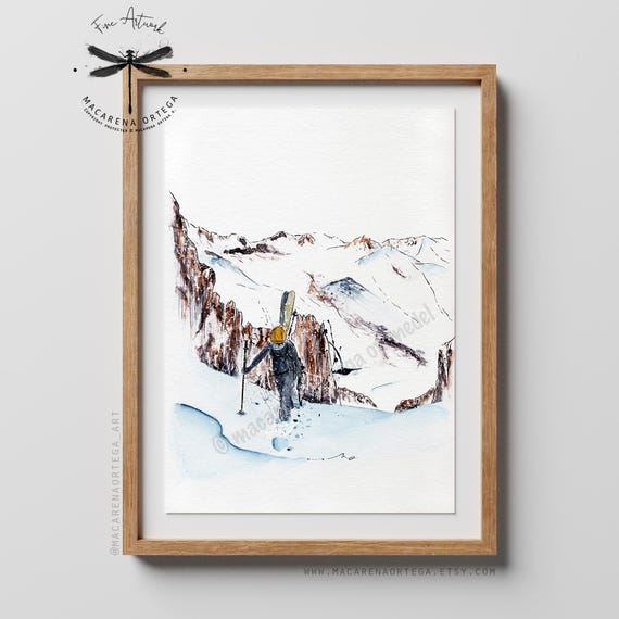 Mountain Skimo Ascension Watercolor Art Print | Climbing Mountain Art | Ski Pyrenees | Winter Sport Print  Ski art | Skimo Art Print | N69