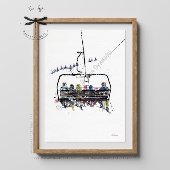 Family of 7 in chairlift art print watercolor Skier artwork Ski lift art skis print snowboarder Sport skiing ski resort ski center painting