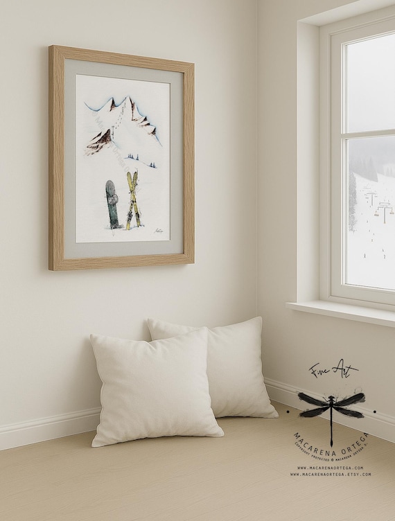Snowboard and Skis Watercolor Art Print | Skiing Snowboarder and Skier Painting | Ski Lovers Wall Art | Winter Sport Art Decor | Alps | N8