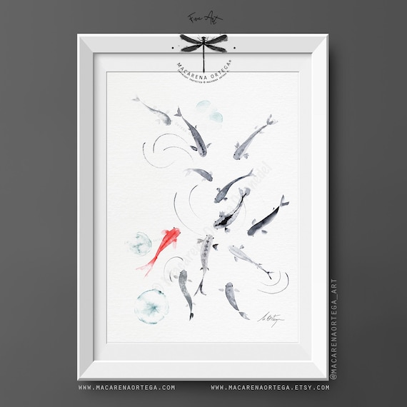 Koi Fish, Watercolor Art Print, Koi Pond Wall Art, Water Lilies Art, Japanese Inspired Decor, Minimalist Fish Art, by Macarena Ortega | N156