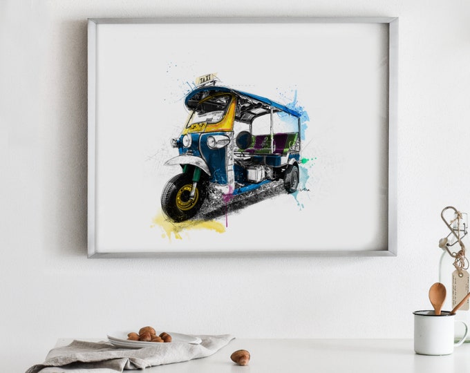 Tuk Tuk Art Print Poster Thailand taxi Tuk Tuk cab Asia Bangkok Print Traveller Poster Gift Watercolor Art Print Macarena Ortega (086)