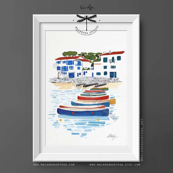 Zokoa Harbor in Saint-Jean-de-Luz Watercolor Art Print | Basque Coast, Colorful Boats, Modern Minimalist Coastal Wall Art | N177