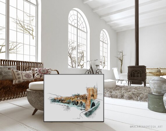 N90 | Besalú Watercolor Art Print | Medieval Town Illustration, La Garrotxa Girona Sketch, Catalonia Spain Travel Art | Macarena Ortega Art
