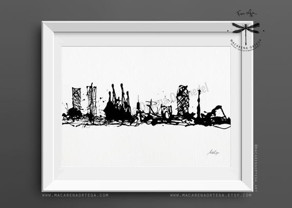 Barcelona Skyline Art Print | Painting BCN Black and White Fine Art Spain Handmade Poster Illustration Print City Modern Wall Decor | N64