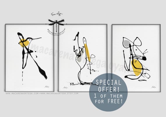 Set of 3 Animal Art Prints One Print Free | Abstract Minimalist Bird and Mouse Illustrations, Modern Fine Art for Kids or Nursery