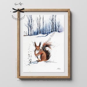 Squirrel Watercolor Art Print | Modern Woodland Animal Painting Winter Forest Nature Scene, Wild Squirrel Forest Art | Macarena Ortega | N32