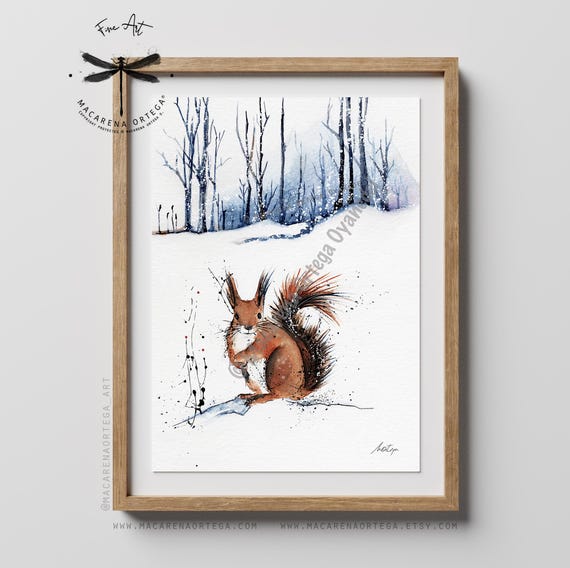 Squirrel Watercolor Art Print | Modern Woodland Animal Painting Winter Forest Nature Scene, Wild Squirrel Forest Art | Macarena Ortega | N32