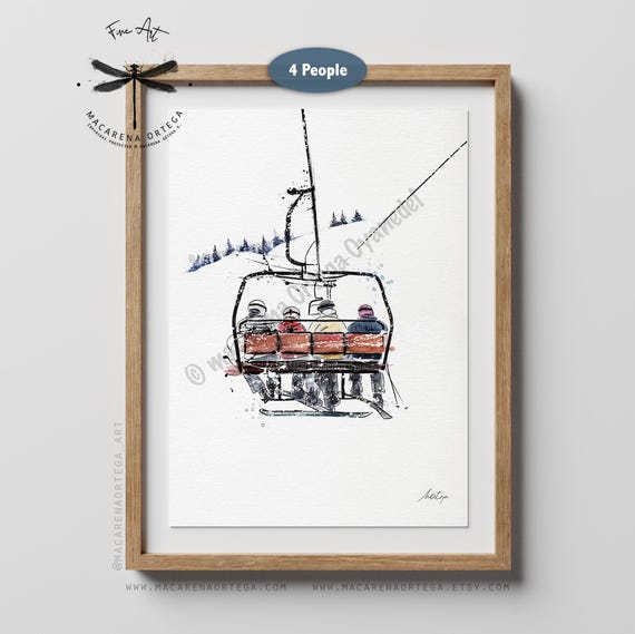 4 Friends on a Chairlift Watercolor Art Print Ski Lift | Skiers and Snowboarders Painting | Après Ski Wall Art | Rustic Resort Decor | N72