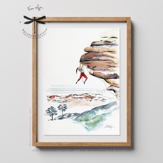 Female Rock Climber Watercolor Art Print | Woman Climbing Cliff | Adventure Wall Decor | Outdoor Lover Gift | Mountain Art Poster | N71