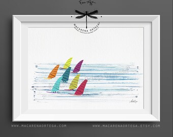 Windsurf Regatta, Watercolor Art Print, Ocean Water Sports Wall Art, Windsurfing Artwork, by Macarena Ortega | N124