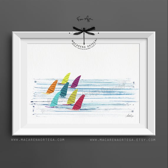 Windsurf Regatta Watercolor Art Print | Windsurfers, Ocean & Water Sports Wall Art | Wind Surfing Poster | by Macarena Ortega | N124