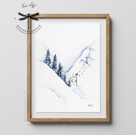 Ski Resort Watercolor Art Print | Handmade Artwork | Skilift Print | Skier & Chairlift Wall Decor | Mountain Skiing | Macarena Ortega | N97