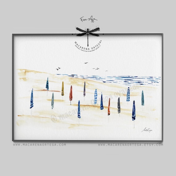 Closed Umbrellas on The Beach Watercolor Art Print | Coastal Ocean Decor, Summer House Wall Art, Nautical Beach | Macarena Ortega | N139