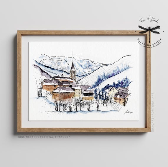Unha Watercolor Art Print | Val d'Aran Snowy Town | Pirineos Winter Village | Spain Ski, Fine Art Giclée print | Salardú | Winter Decor | N6