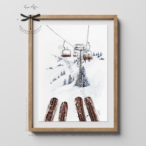 Impression d'art de deux skieurs en télésiège | Skis en bois, oeuvre d'art sur les remontées mécaniques, peinture déco ski | Après ski | Macarena Ortega | N77