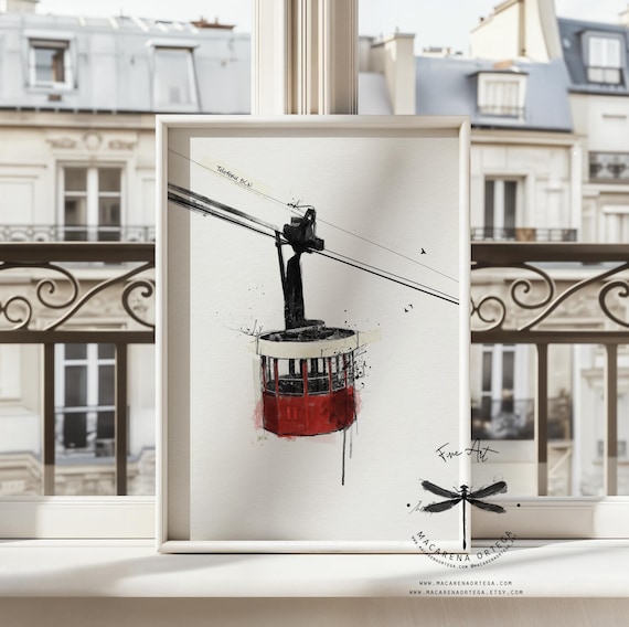 Barcelona Cable Car Art Print | Teleférico Illustration, Spain Cityscape Painting | Modern Travel Poster, European Urban Decor | N81